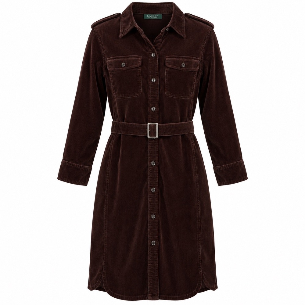 Lauren Ralph Brown Corduroy Belted Shirt Dress Long Sleeve 8 preppy business